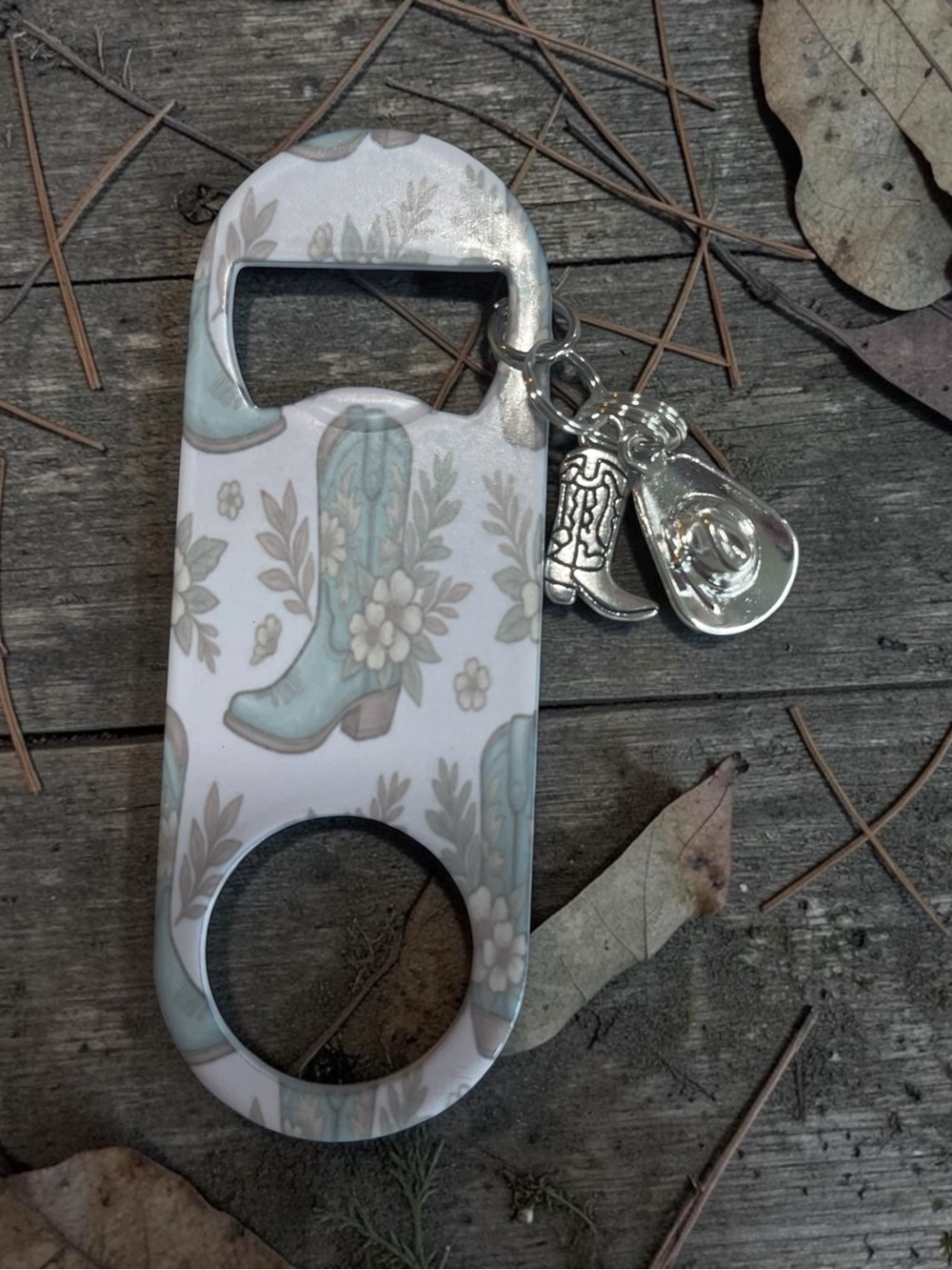 Decorative Boot Pattern Bottle Opener Keychain in Light Blue and Cream